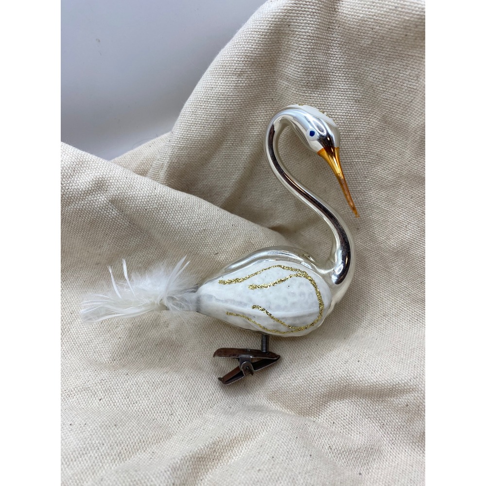 Vintage Glass Swan Ornament‎ White Gold Glitter Clip On Feather Tail Christmas
